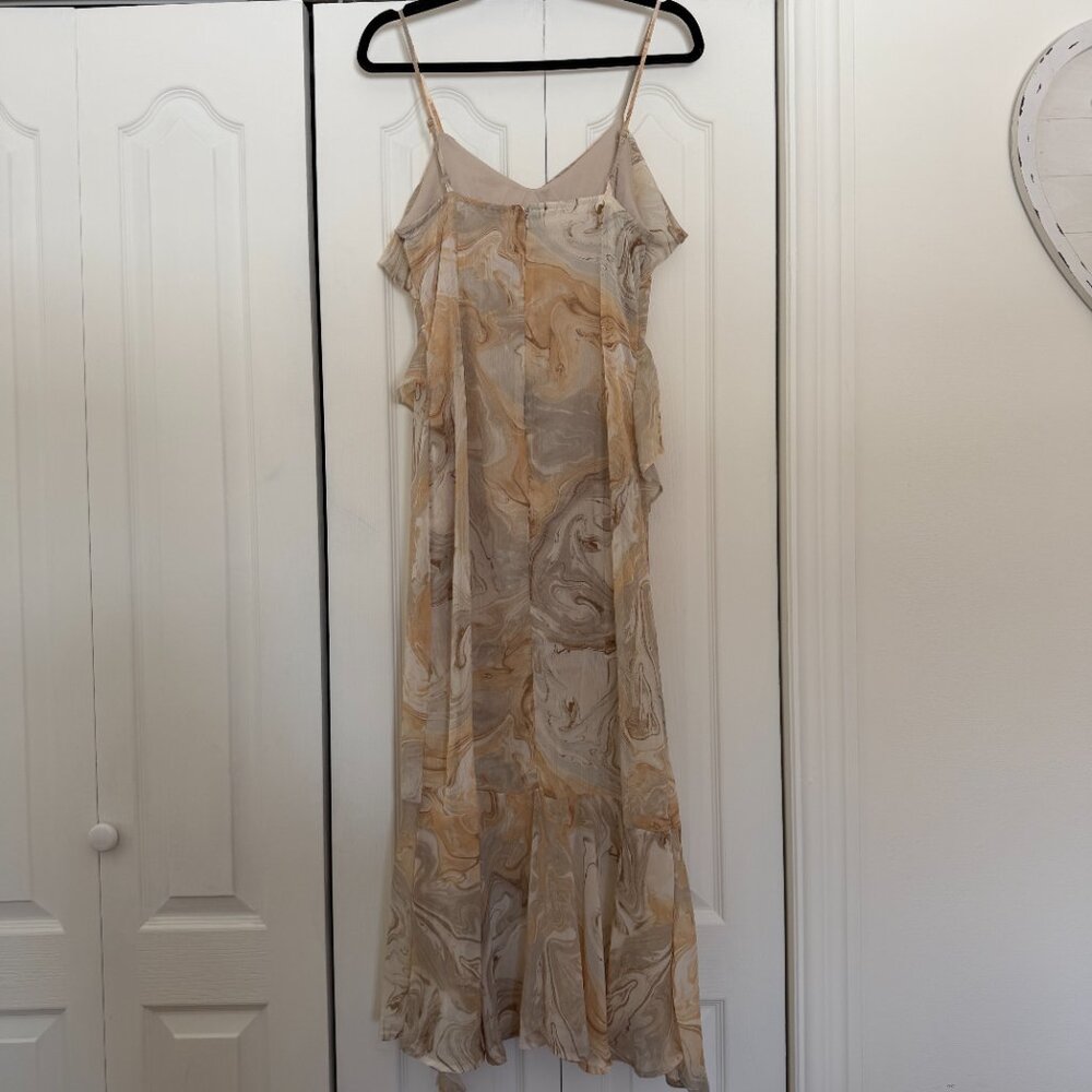 Beige Marble Print Ruffle Maxi Dress – Flowy Long Dress - Picture 5 of 6